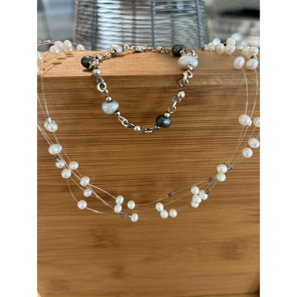 Beautiful Sterling Cultured Pearl Chain‎ Bracelet + 5 Strand Floating Necklace - Picture 1 of 10
